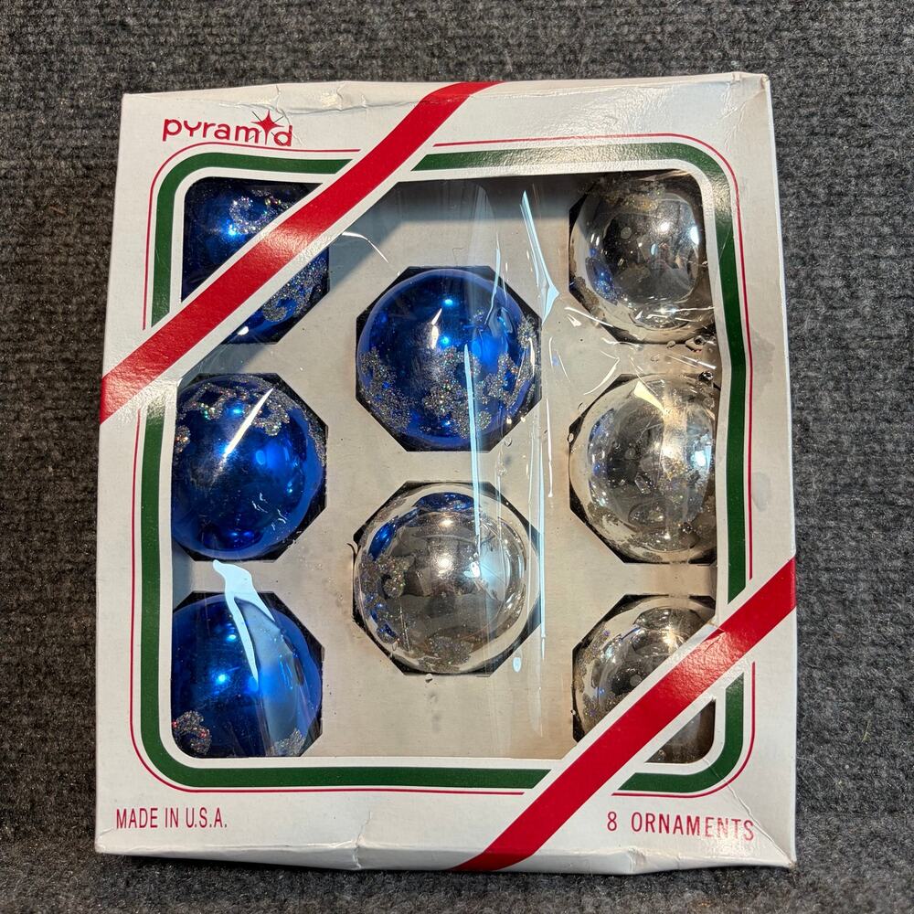 Vintage Pyramid Glass Christmas Ornaments Blue Silver 8 Pack Box Stencil Glitter